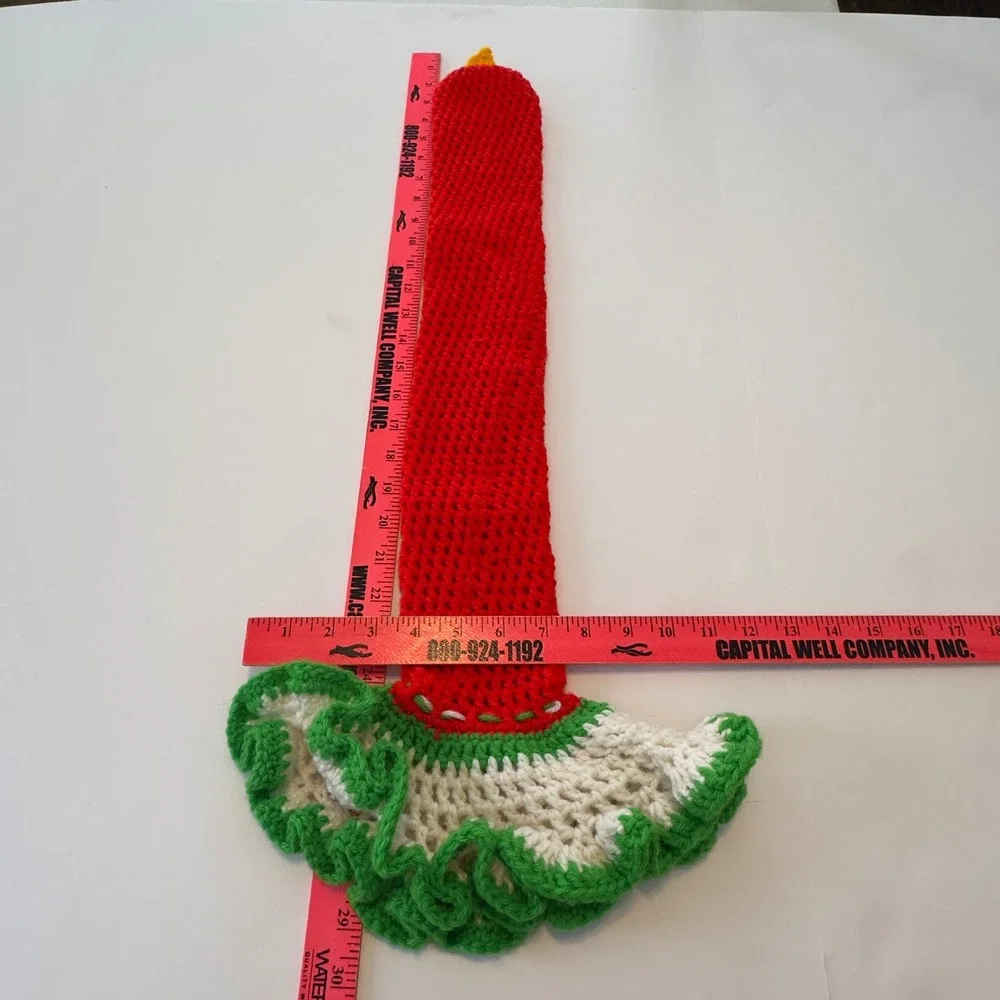 Large Handmade Crochet Christmas Candle Cover Red Green White Ruffled 29.5x12